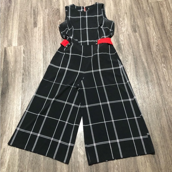 Tommy Hilfiger Plaid Jumpsuit with Red Belt, Wide Leg - Picture 1 of 8